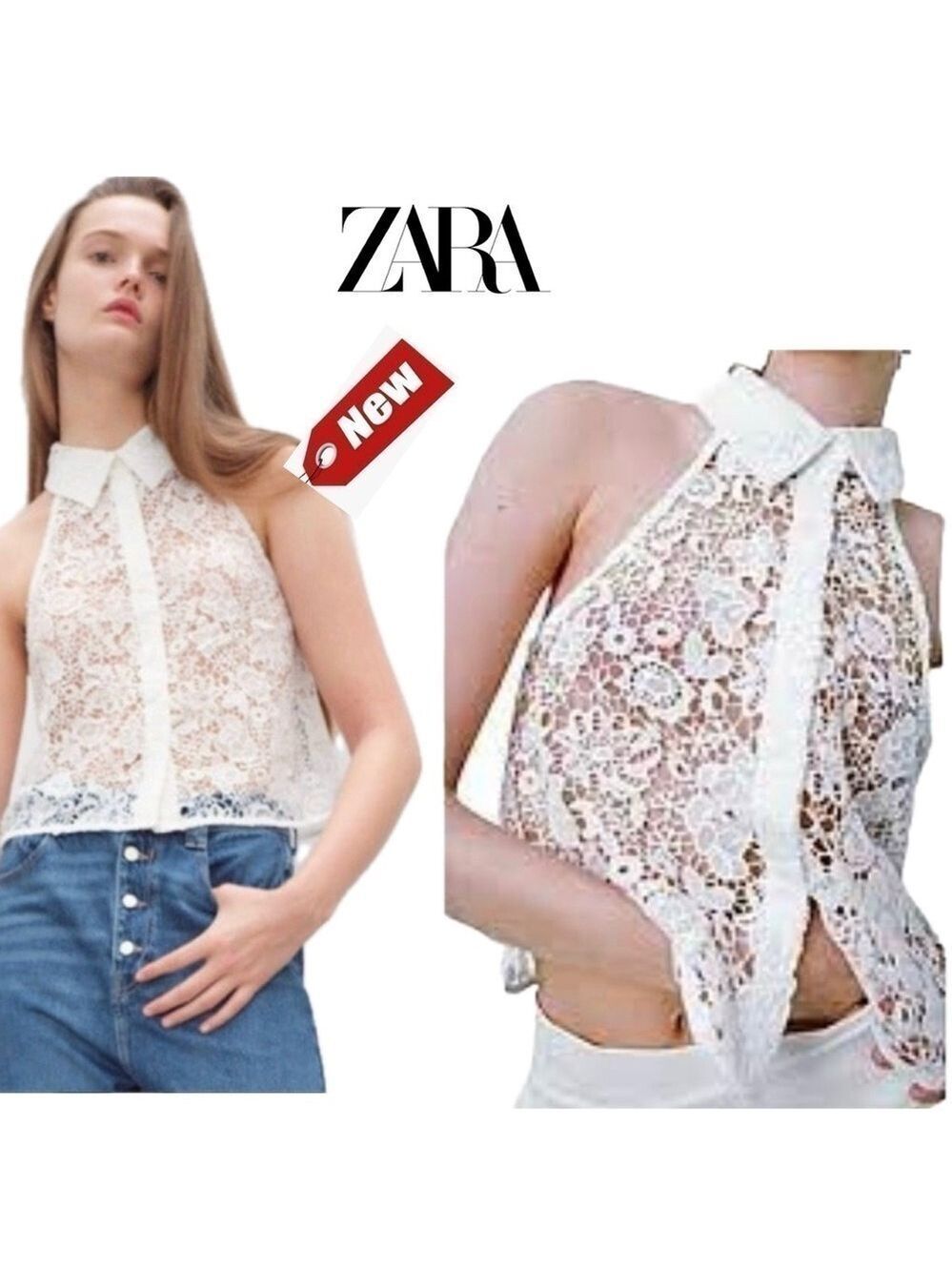 Zara white lace sleeveless halter top button front blouse Sz L NWT
